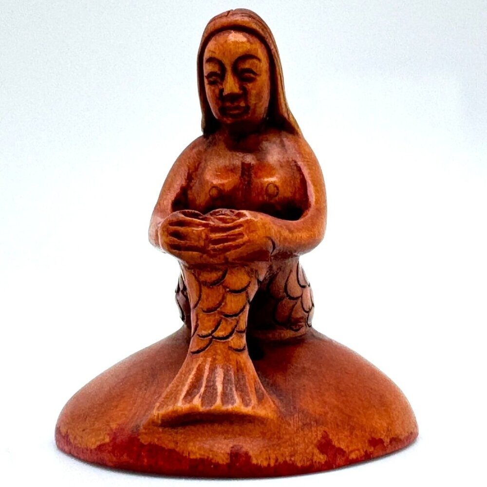 Ojime Bead Netsuke Mermaid Seated on Rock Hand-Carved Boxwood Signed Figurine